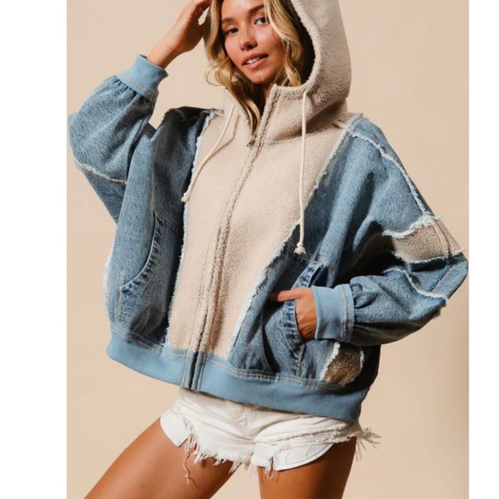 BiBi Blue Denim and Cream Sherpa Hooded Jacket